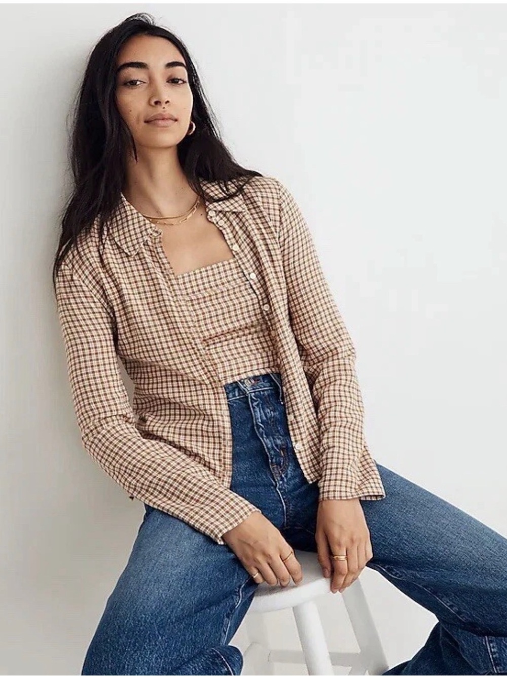 Madewell Crinkle Slim Fit Button-Up Shirt in Tan Plaid Sz 12